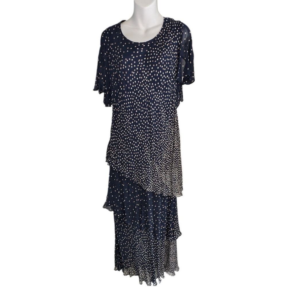 Phool Flutter Sleeve Tan Dotted Blue Asymmetrical Maxi Dress - XL